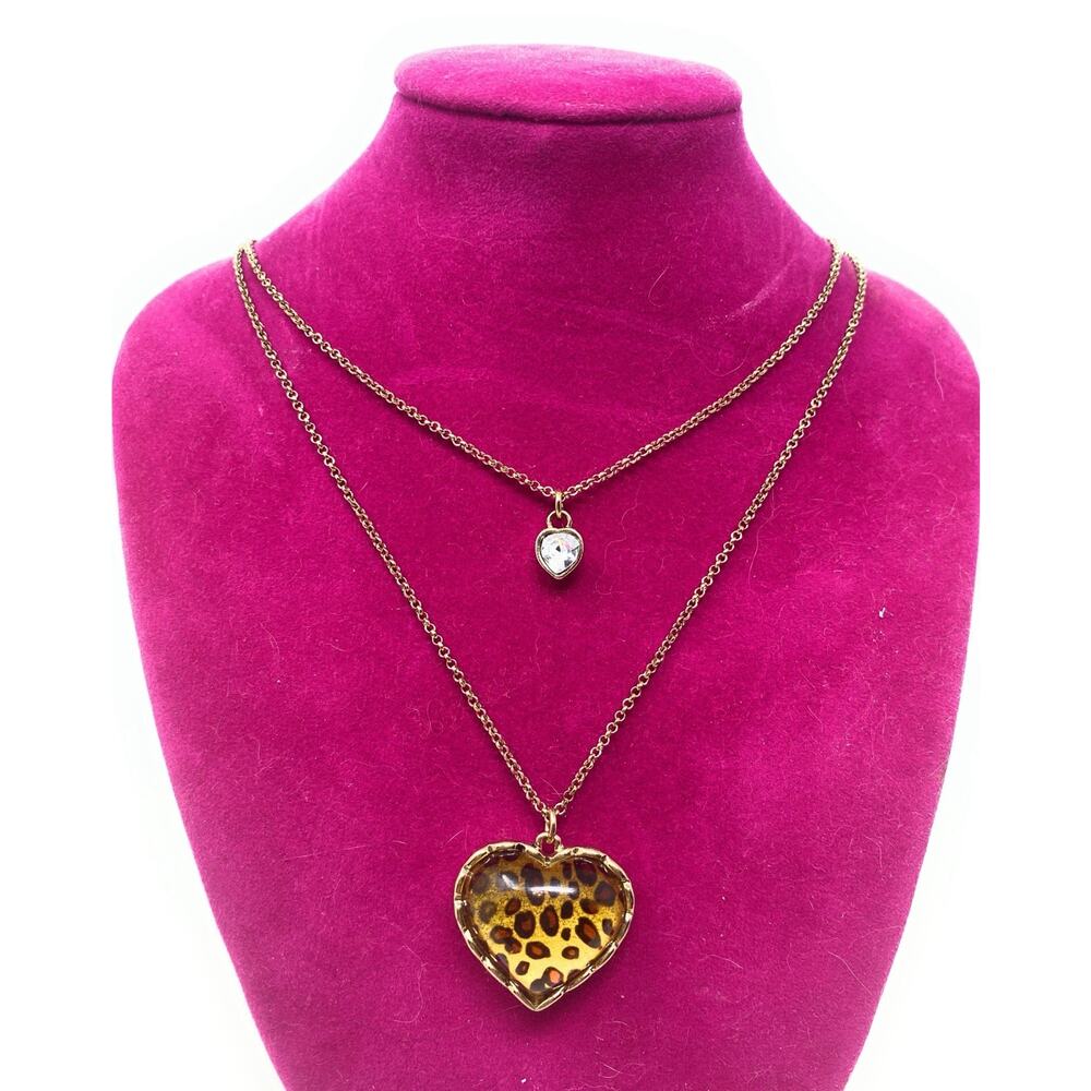 New BETSEY JOHNSON Leopard Print Heart Crystal Pendant Double Strand Necklace